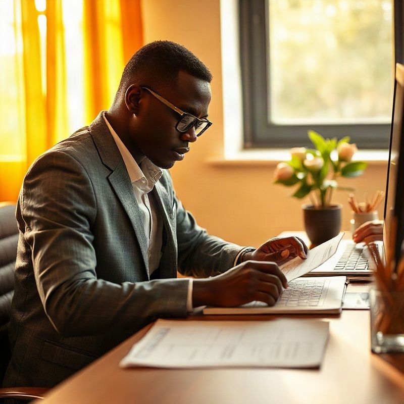 A professional preparing a meeting agenda at a slate-toned desk