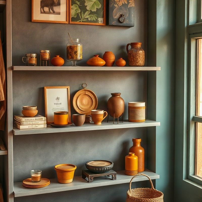 Curated products arranged on a slate-grey display shelf